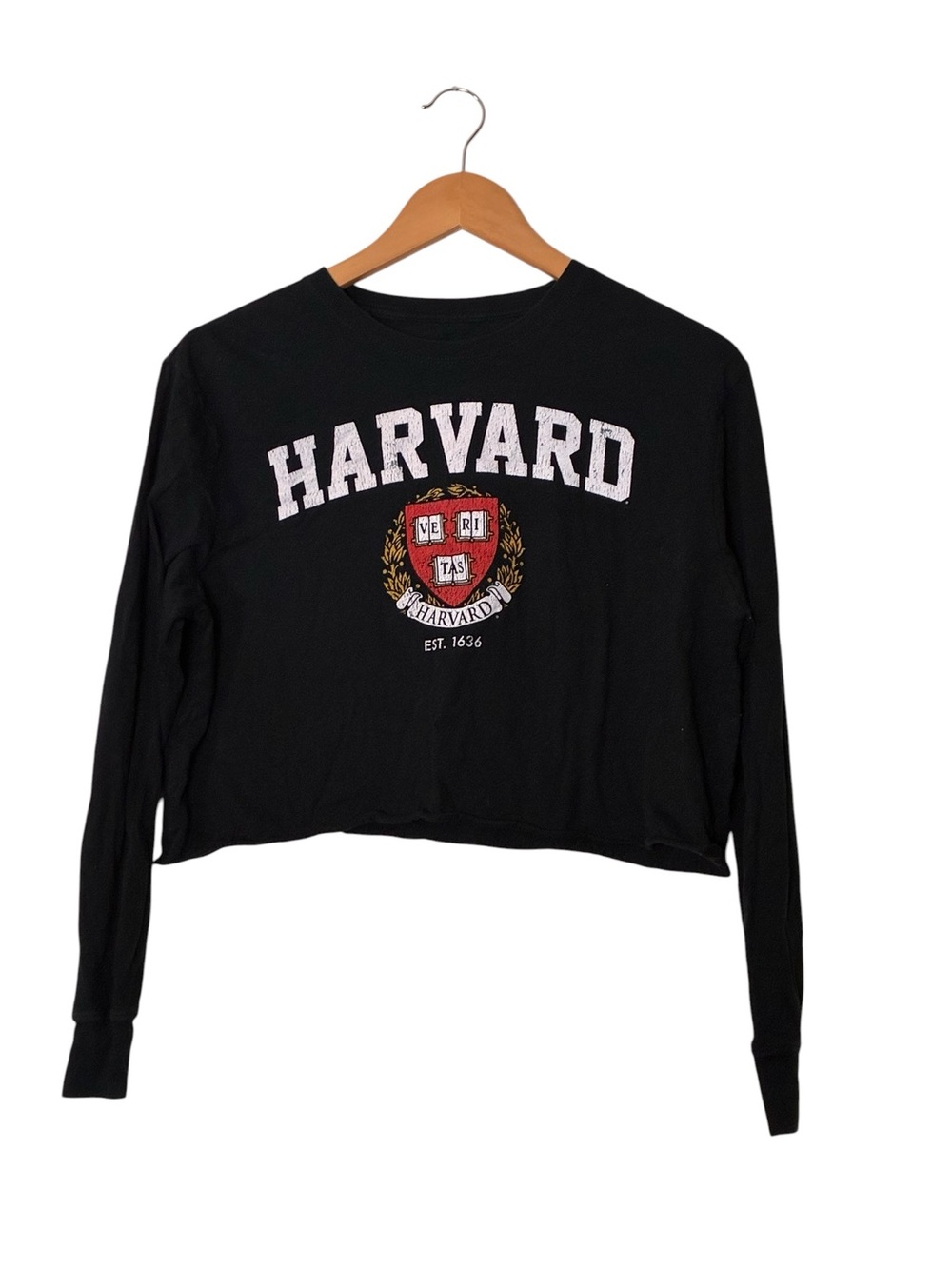 Harvard printed black crewneck cropped cotton pullover t-shirt size medium